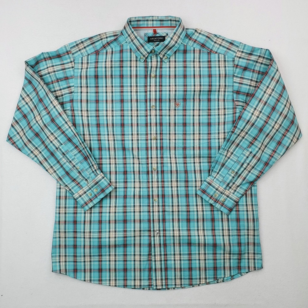 Ariat Shirt Mens Extra Large Green Teal Plaid Pro Series Western Button Down
